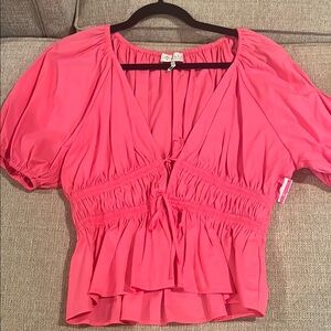 Wayf Pink Smocked Ruffled Blouse